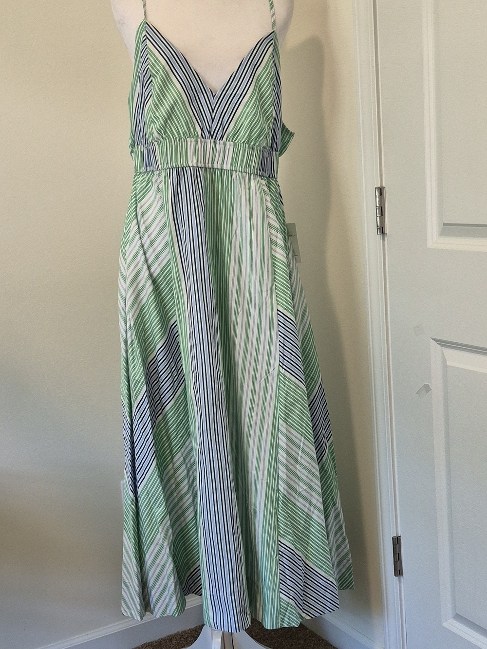 Striped V-Neck Spaghetti-Strap Maxi Dress in Green, White & Navy Size XXL